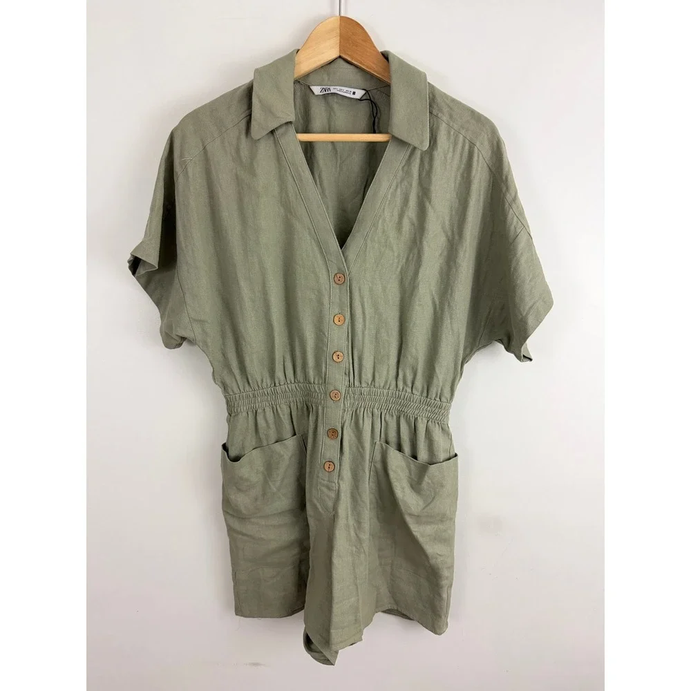Zara Linen Blend Button Front Romper Women S Green Short Sleeve Utility Safari